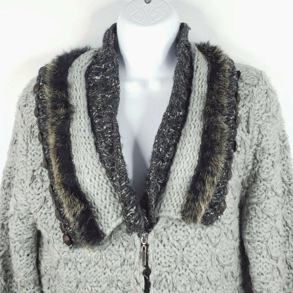 Alberto Makali Gray Zip Up Cardigan Sweater M Shawl Collar Fur Trimmed Studded